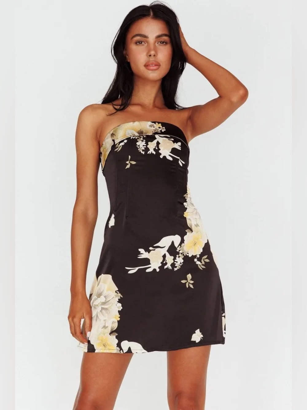 Govana Selfie Leslie Black Strapless foldover Floral Satin Mini Dress